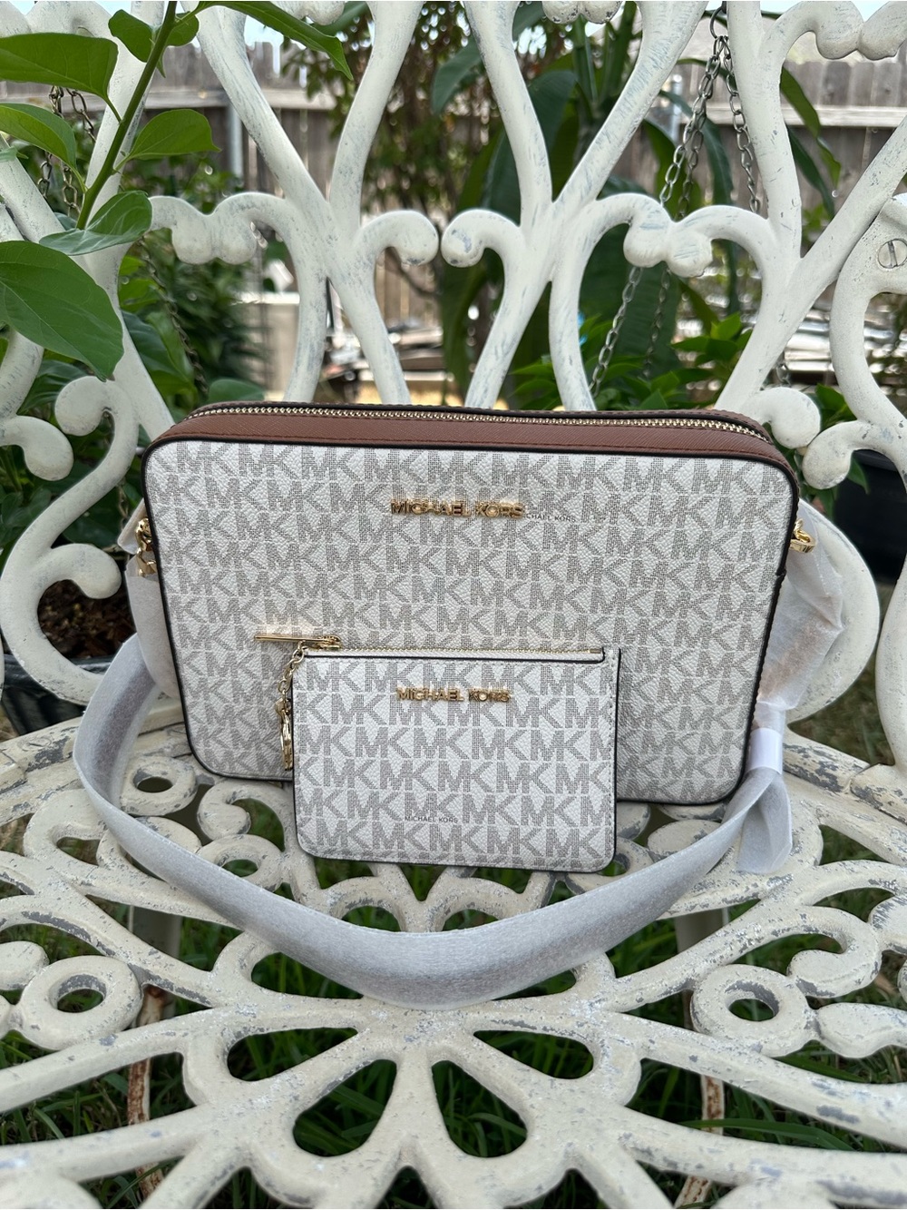Michael Kors Women's Beige MK Logo Crossbody Bag with Matching Coinpouch
